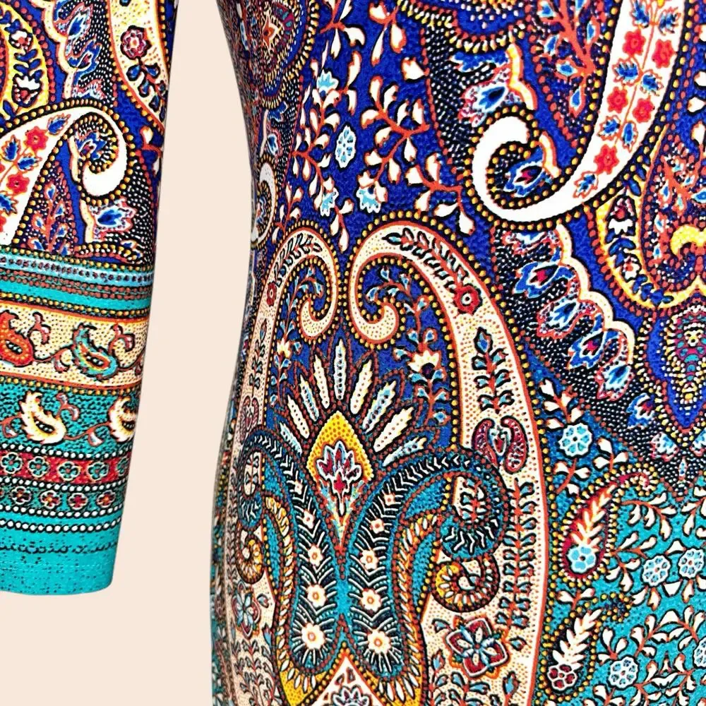 Boho Paisley Beaded Neck Cocktail Sheath Dress Teal Multi Size 10